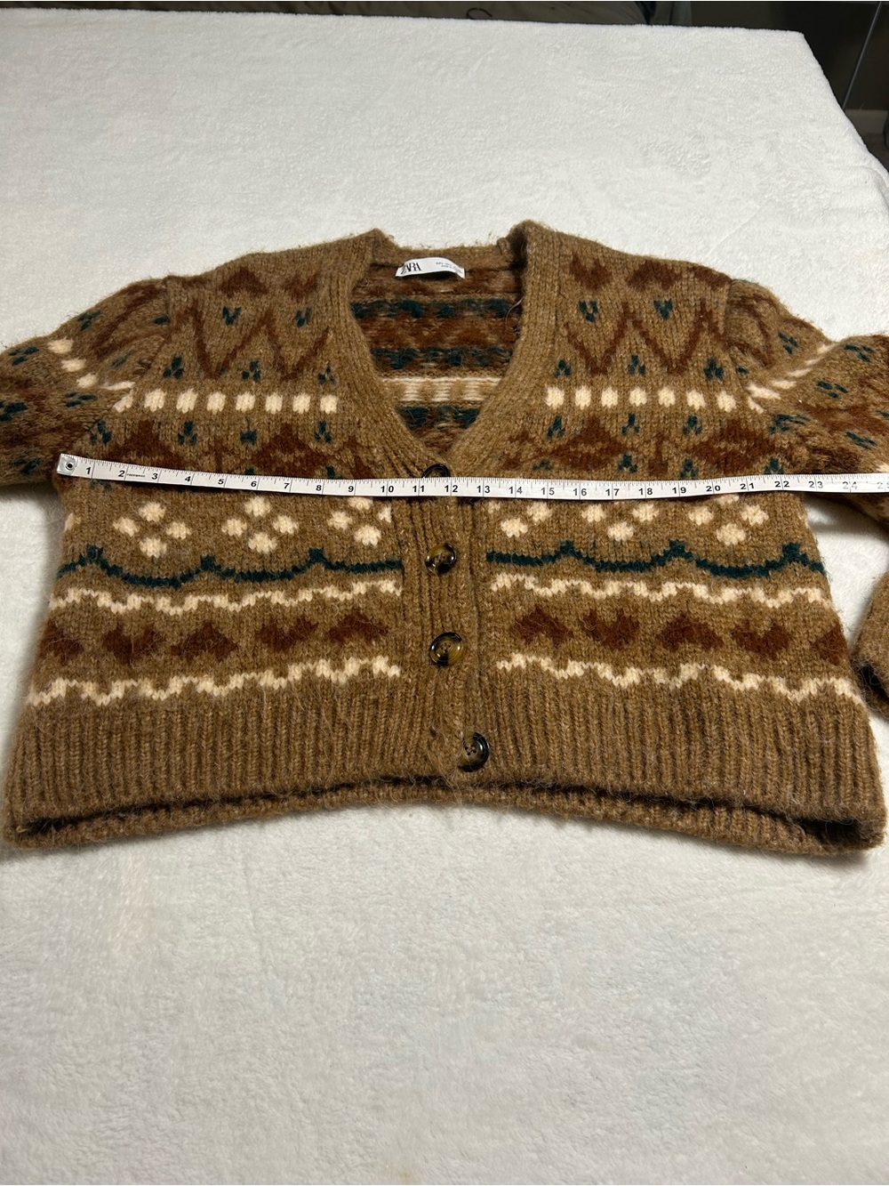 Zara Fair Isle Knit Cardigan Sweater Brown Cream Oversized Size Large - Picture 7 of 8